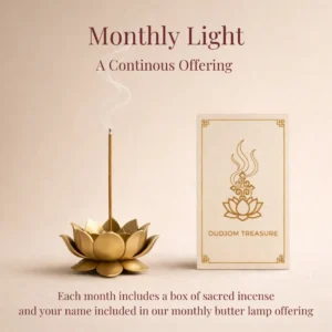 Monthly Light incense subscription: incense stick burning in a brass lotus holder beside a Dudjom Treasures incense box